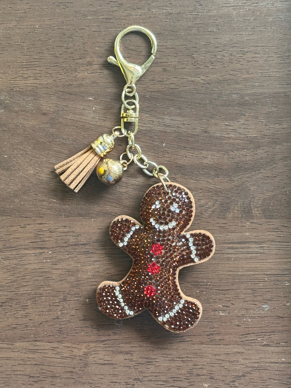 Brown Rhinestone Gingerbread Man Keychain Bag Charm with Tassel